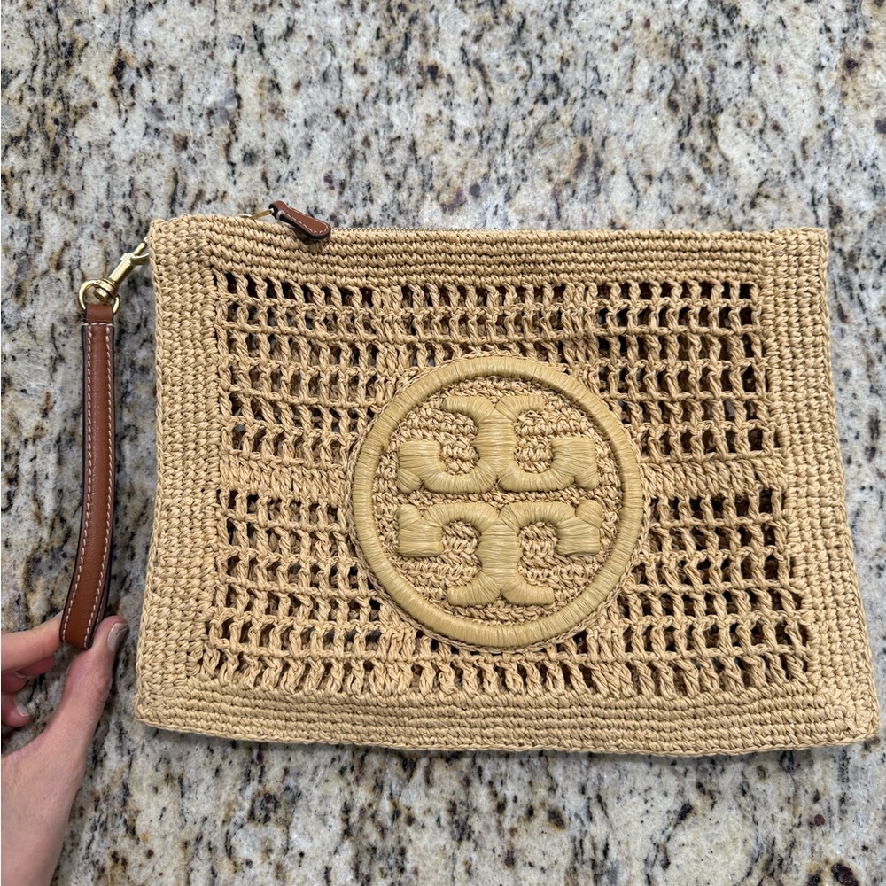 Tory Burch Tan Woven Clutch with Logo